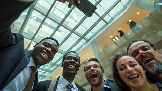 Foto een groep diverse zakelijke professionals neemt samen een selfie in een modern kantoorgebouw