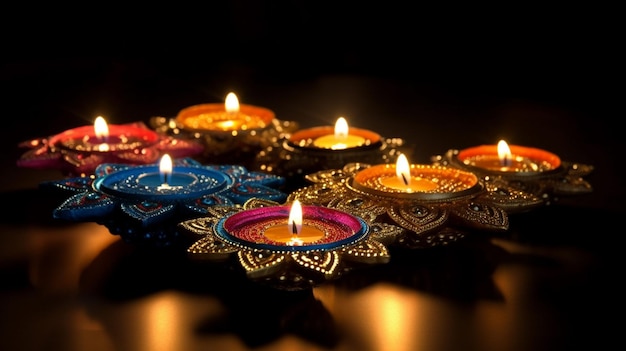 Een groep diwali-kaarsen in een cirkel met onderaan het woord diwali.