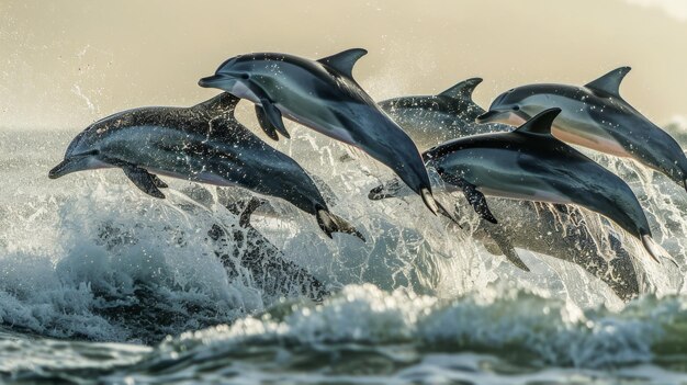 Foto een groep dolfijnen breekt in unisono een opwindende vertoning van kracht