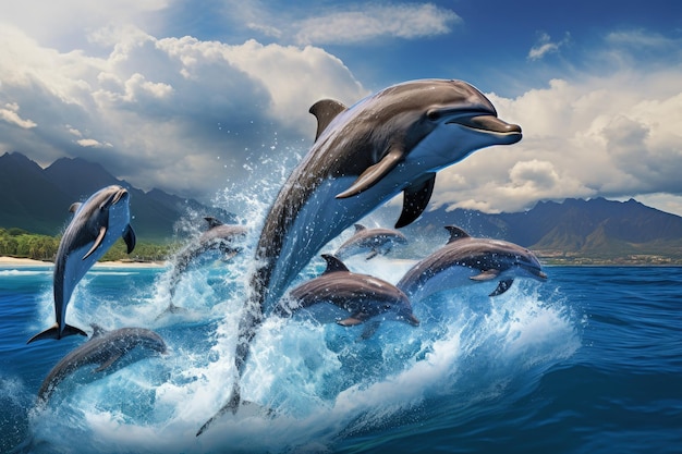 Een groep dolfijnen die uit het water springen