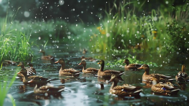 Foto een groep eenden zwemt in een vijver op een regenachtige dag de regen valt zachtjes en de eenden genieten van de