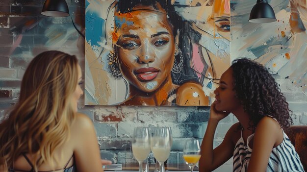 Een groep elegante dames bewondert de kunstwerken aan de muren van een trendy café AI gegenereerde illustratie