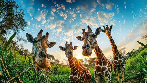 Foto een groep elegante giraffen staan samen in een weelderig bos. hun lange nekken reiken naar bladeren hoog in de bomen.