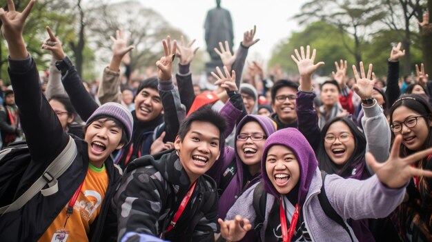 Een groep energieke en enthousiaste jonge Indonesiërs verzamelt zich in een centraal park en houdt zich bezig met verschillende