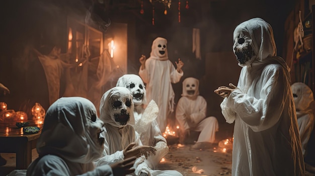 een groep enge skeletten in een kamer met kaarsen op de achtergrond.