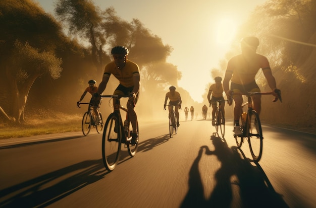 Een groep fietsers die hun fietsen in de zon op de weg rijden.