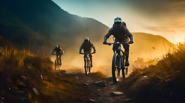 Foto een groep fietsers met beschermende uitrusting reed met hun mountainbikes in dezelfde richting.