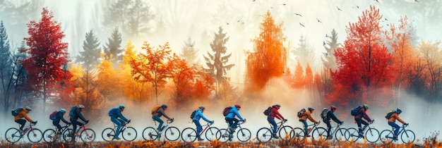 een groep fietsers rijdt door het herfstbos