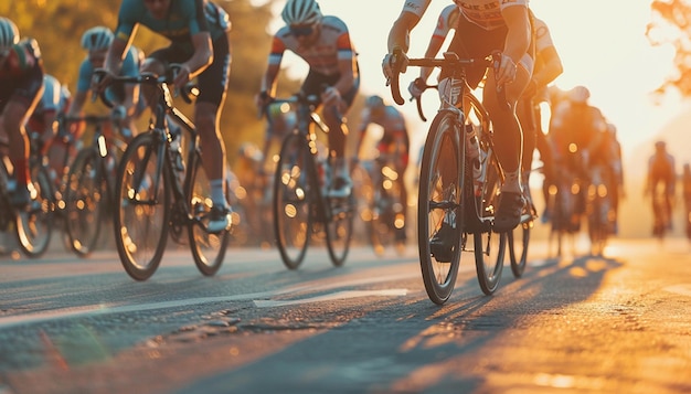 Een groep fietsers rijdt over een weg.