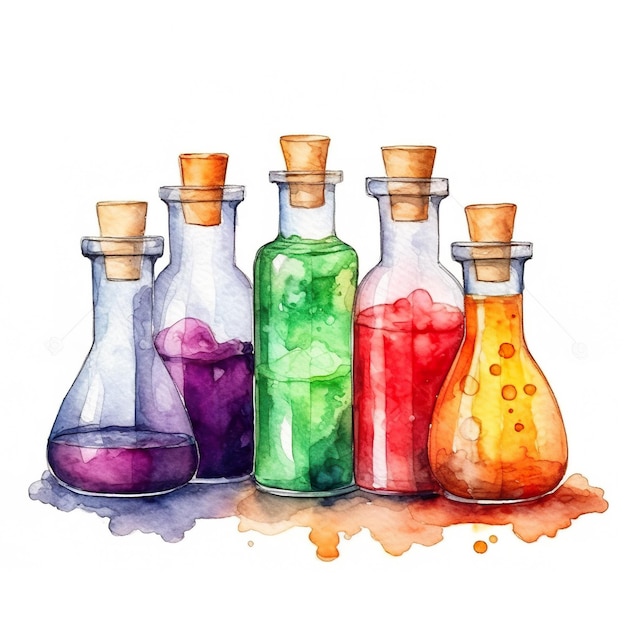 Een groep flessen gevuld met generatief ai-beeld van verschillende gekleurde vloeistoffen