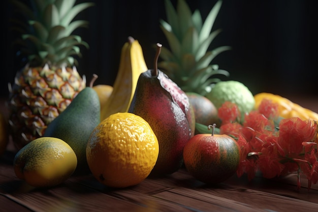 Een groep fruit op een tafel met een zwarte achtergrond