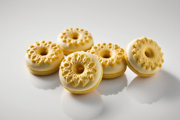 Een groep gele en witte donuts met geel glazuur erop.