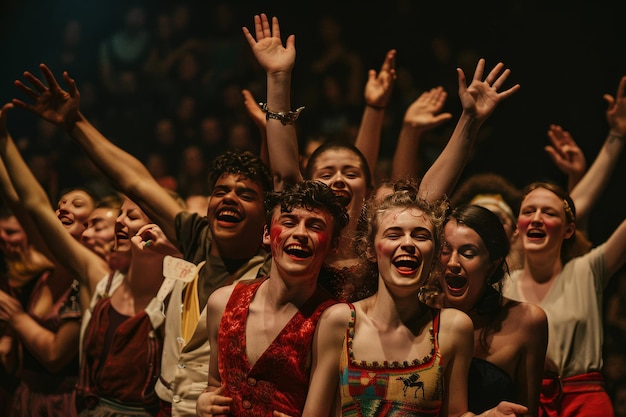 Een groep gelukkige artiesten die samen een buiging maken aan het einde van een succesvolle circusvoorstelling en zich koesteren in het applaus en de waardering van het publiek