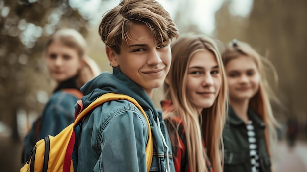 Een groep gelukkige, diverse tienervrienden die samen buiten in de stad rondhangen ze glimlachen en lachen en een van hen heeft een rugzak aan