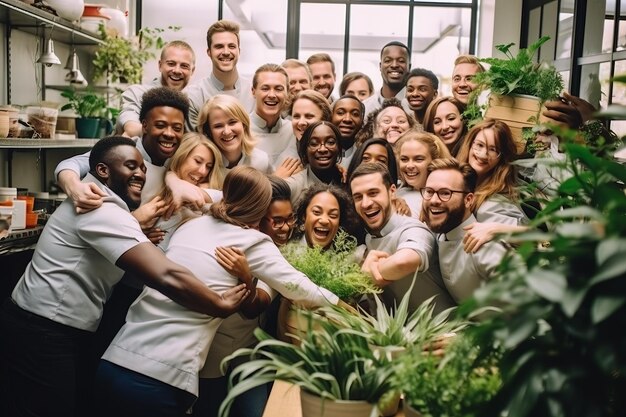 Foto een groep gelukkige en uiteenlopende mensen die elkaar knuffelen in een kas