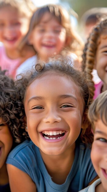 Een groep gelukkige, energieke jonge kinderen die in eenheid bij elkaar staan