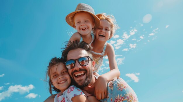 Een groep gelukkige glimlachende vrienden die genieten van een zomervakantie in de open lucht tegen een blauwe achtergrond