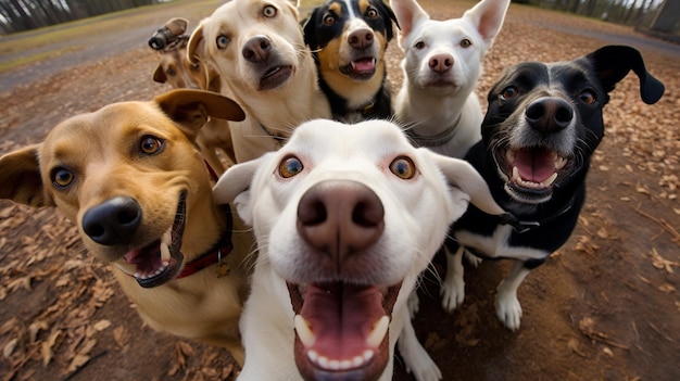 Een groep gelukkige honden in het park.