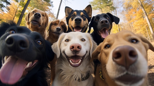 Een groep gelukkige honden in het park.