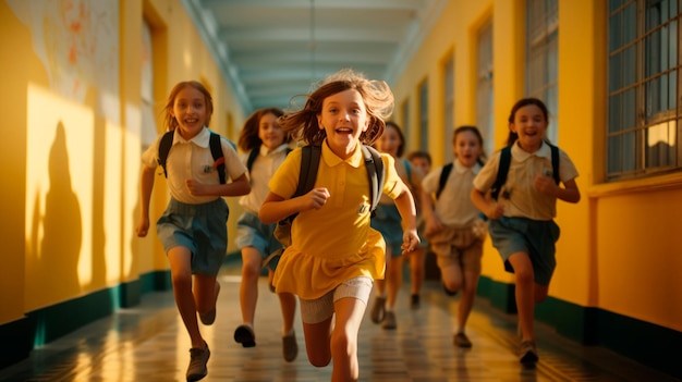 Een groep gelukkige kinderen die op de gang rennen.