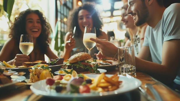 Foto een groep gelukkige vrienden die eten en lachen in een restaurant ze hebben een geweldige tijd en genieten van elkaars gezelschap