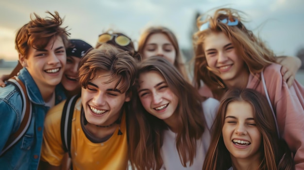 Een groep gelukkige vrienden op een zonnige dag Ze glimlachen en lachen allemaal samen