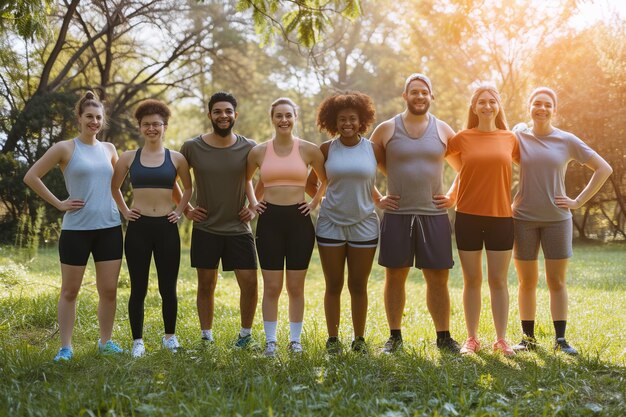 Foto een groep gelukkige, vrolijke, energieke, sportieve, diverse mensen die op het groene gras in een zonnig park staan en je motiveren om de dag te beginnen met een fitness workout in de open lucht.