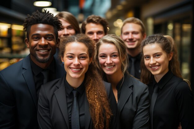 Een groep gelukkige zakenlieden en zakenvrouwen gekleed in pakken glimlachen in het kantoor