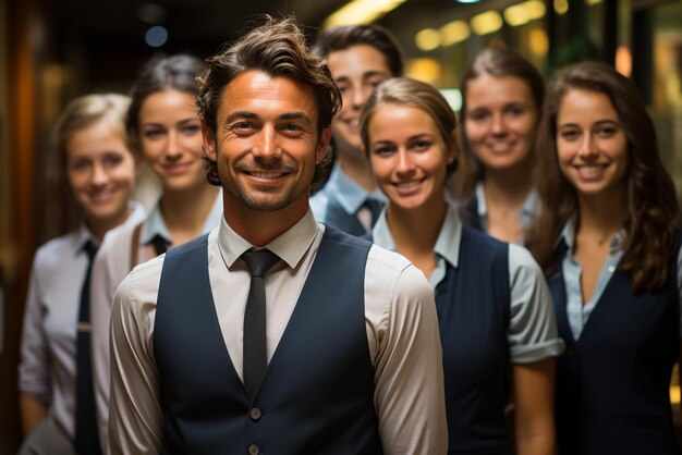 een groep gelukkige zakenlieden en zakenvrouwen gekleed in pakken glimlachen in het kantoor