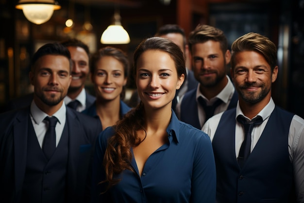 een groep gelukkige zakenmannen en zakenvrouwen gekleed in pak glimlacht op kantoor