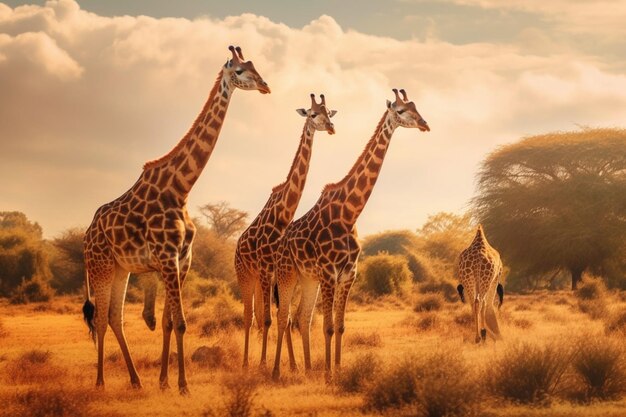 Een groep giraffen in een open vlakte