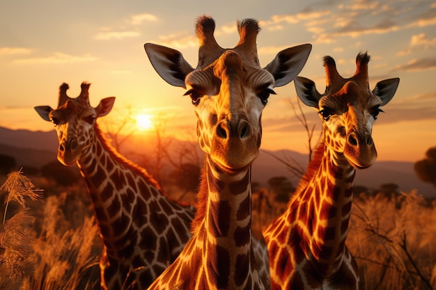 een groep giraffen op de prairie in de buurt van het meer, brede landzon die aan de horizon ondergaat, genereert ai