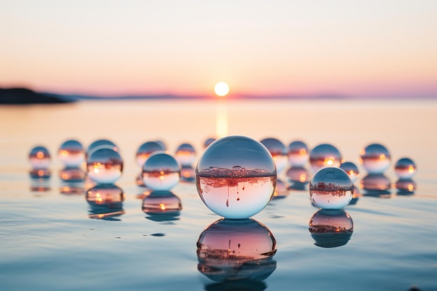 een groep glazen ballen die bij zonsondergang in het water drijven