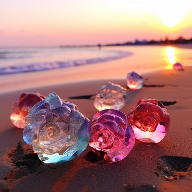 Een groep glazen rozen op een strand met daarachter de ondergaande zon.