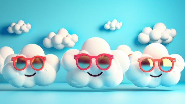 Een groep glimlachende wolken met een zonnebril op een door AI gegenereerde illustratie