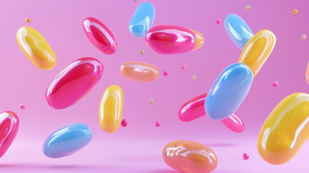 Een groep glinsterende jelly beans d stijl geïsoleerde vliegende objecten memphis stijl d render AI gegenereerde illustratie