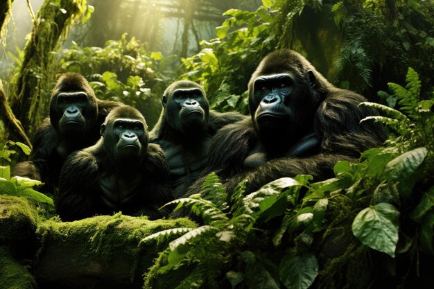 Een groep gorilla's in hun natuurlijke rainforest habitat Zwarte makaken staren in het tropische regenwoud Ai gegenereerd