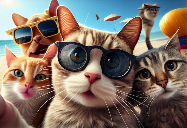 Een groep grappige katten op vakantie nemen een selfie illustratie van hoge kwaliteit