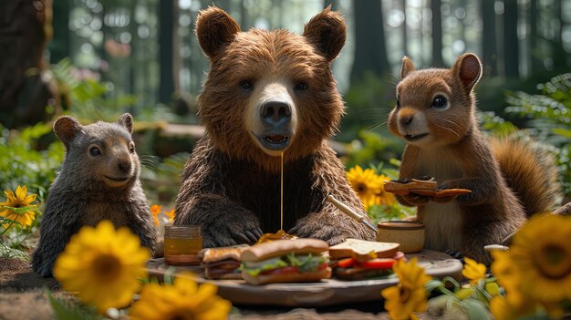 Een groep grillige cartoondieren die een picknick hebben met een onhandige beer die honing op zichzelf morsen