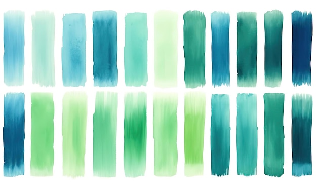 een groep groene en blauwe aquarelpenselen in de stijl van gestreepte composities