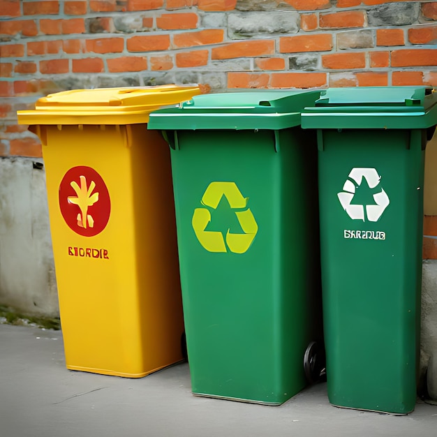 Foto een groep groene en gele bakken met een die recycleerbaar zegt