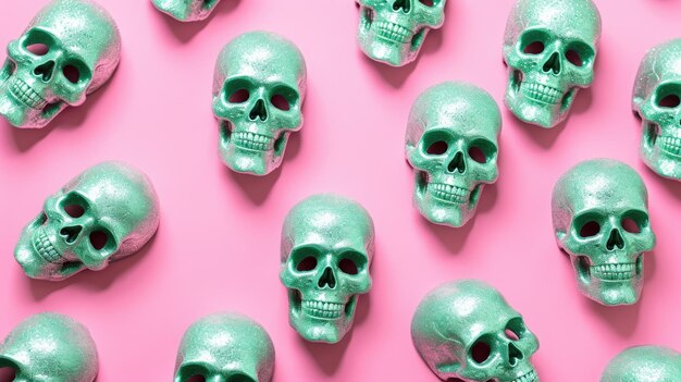 Een groep groene schedels op een roze oppervlak Digitaal beeld