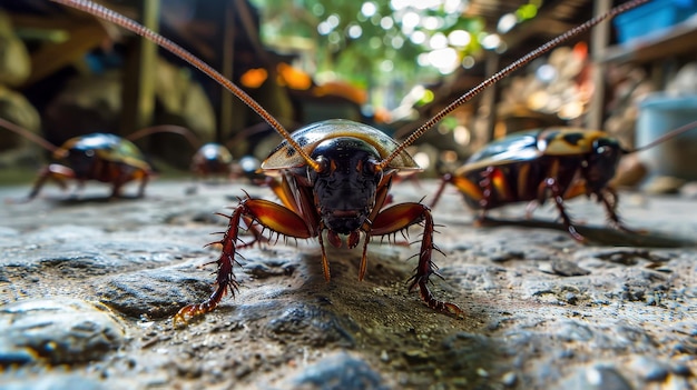 Een groep grote insecten, mogelijk kakkerlakken, staan naast elkaar in een verenigde formatie.