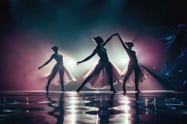 Een groep gymnasten die elegant op een podium staan en hun gratie en vaardigheid op een gesynchroniseerde manier tonen