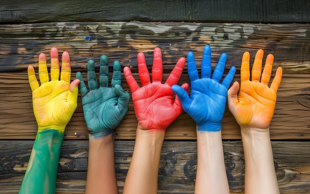 Een groep handen die elkaar vasthouden in de vorm van een LGBTQ regenboog toont diversiteit en eenheid