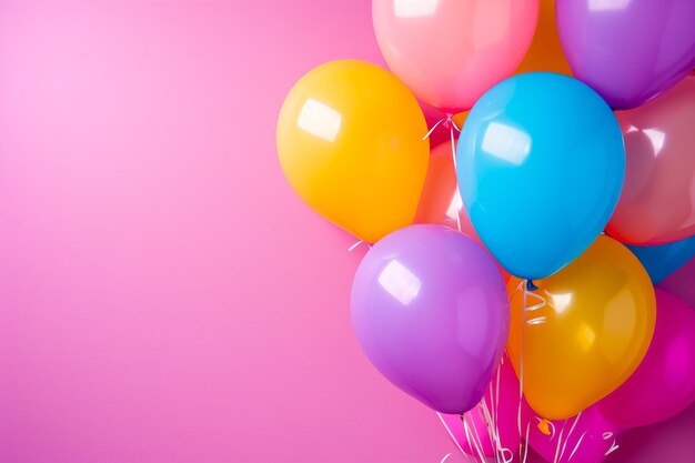 Een groep heldere ballonnen en ruimte voor tekst tegen een gekleurde achtergrond