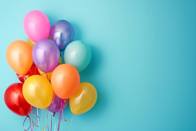 Een groep heldere ballonnen en ruimte voor tekst tegen een gekleurde achtergrond