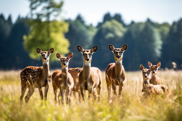 een groep herten die in een veld staan