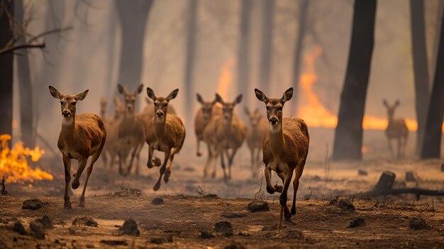 Een groep herten die vluchten voor een bosbrand