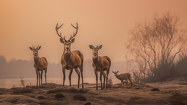 Een groep herten in een veld met een boom op de achtergrond